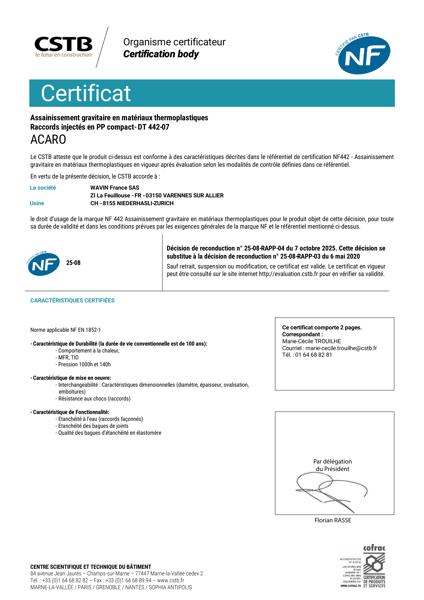Certificat NF 442 - Acaro Raccord - Niederhasli
