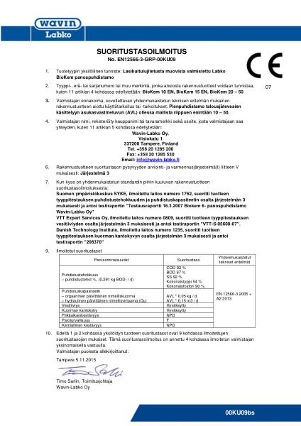 Suoritustasoilmoitus (DoP) - No. EN12566-3-GRP-00KU09bs - BioKem 10-50