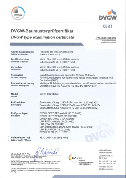 DVGW Baumusterprüfzertifikat Wavin Tigris M5