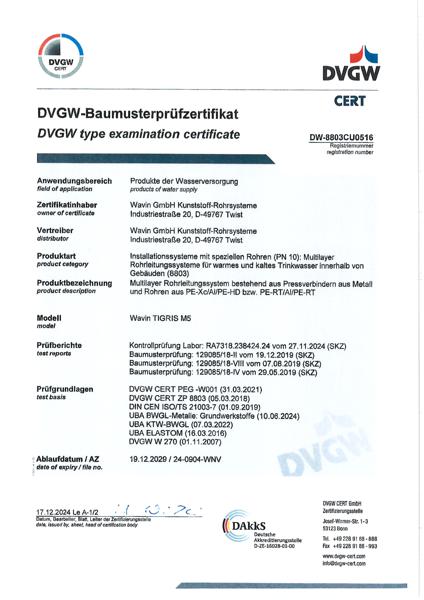 DVGW Baumusterprüfzertifikat Wavin Tigris M5