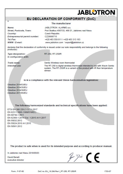 Declaration of conformity - Sentio wireless room thermostat RT-250, RT-250IR