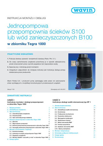 Instrukcja montażu Jednopompowa przepompownia ścieków S100 lub wód zanieczyszczonych B100