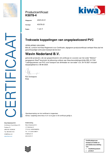 Certificaat Kiwa-ATA K5078-4 Trekvaste koppelingen van ongeplasticeerd PVC