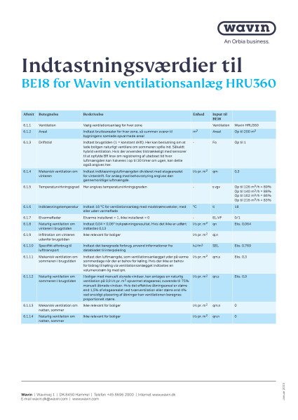 Indtastningsværdier til Ventiza HRU360