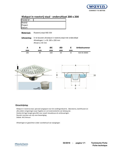 Klokput in roestvrij staal - Onderuitlaat / Siphon de cour en inox avec sortie verticale 200x200