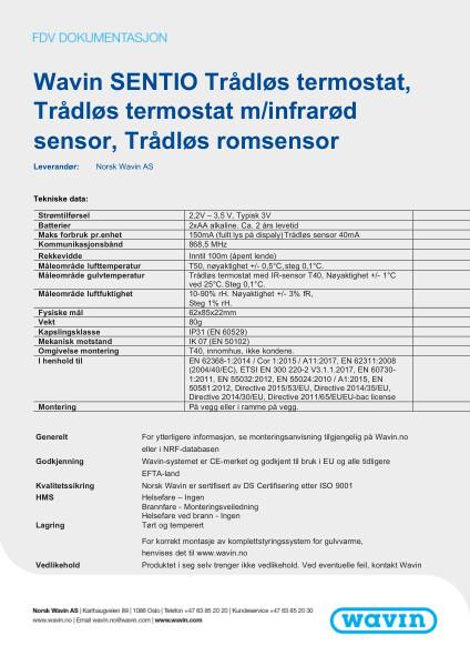 FDV Wavin SENTIO Trådløs termostat, Trådløs termostat m/infrarød sensor, Trådløs romsensor
