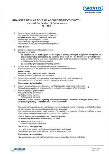 Krajowa Deklaracja Właściwości Użytkowych Nr 118/2 - Kształtki Wavin Hep2O z mosiądzu 10-28mm - 9.05.2017 - 8.01.2018