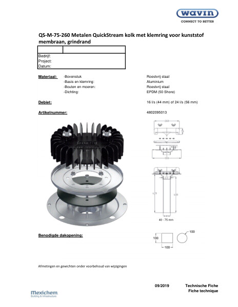 Technische fiche QS-M-75-260 Metalen QuickStream kolk met klemring voor kunststof membraan, grindrand