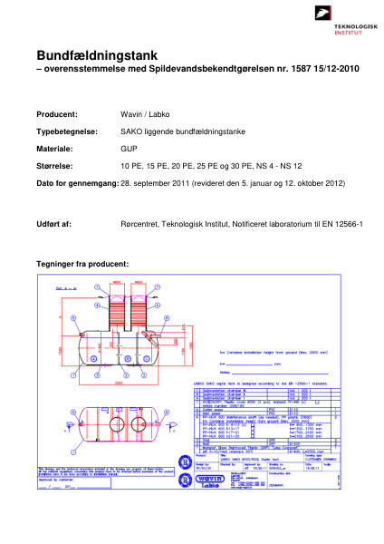 Overensstemmelseserklæring - Spildevandsbekendtgørelsen nr. 1587 15/12-2010 - Bundfældningstank