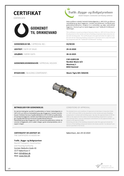 Godkendelse - No. 03/00194 - Godkendt til drkkevand - Wavin Tigris M5 CW625N