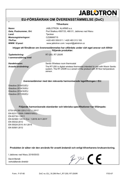 Försäkran om överensstämmelse (DoC) - Sentio wireless room thermostat RT-250, RT-250IR