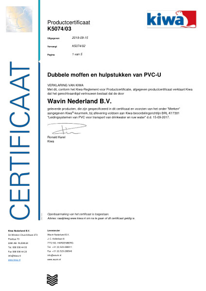 Certificaat Kiwa K5074/03 Dubbele moffen en hulpstukken van PVC-U