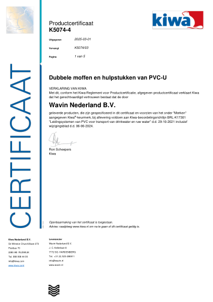 Certificaat Kiwa K5074-4 Dubbele moffen en hulpstukken van PVC-U