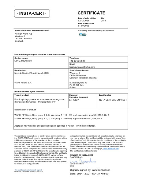 INSTA-CERT - No. 2014 - Plastics piping systems for non-pressure underground drainage and sewerage - Polypropylene (PP)