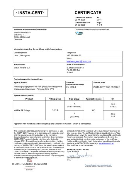 INSTA-CERT - No. 2014 - Plastics piping systems for non-pressure underground drainage and sewerage - Polypropylene (PP)