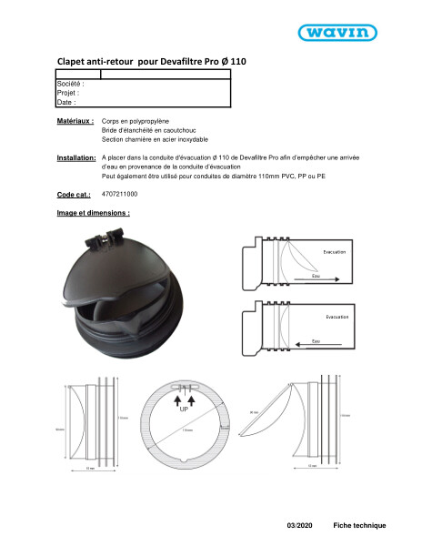 Fiche technique Clapet anti-retour pour Devafiltre Pro Ø110