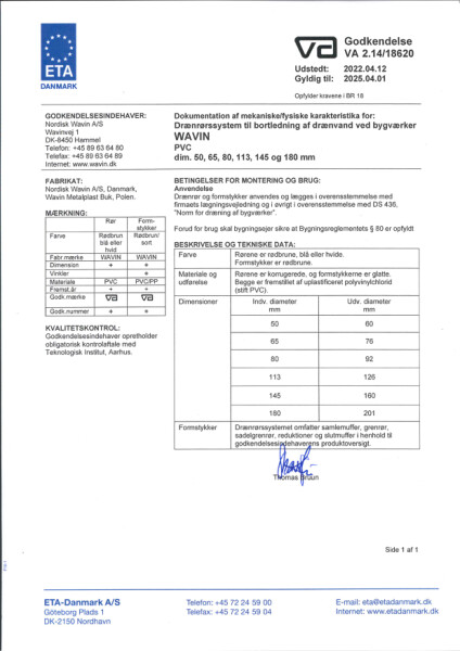 Godkendelse - No. VA 2.14/18620 - Drænrørssystem til bortledning af drænvand ved bygværker