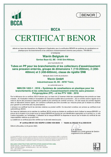 Certificat BENOR PP EN 1852 Tubes en PP pour les branchements et les collecteurs d'assainissement sans pression enterrés, D1,D2 et D3 SN8 Twist - Valable au 09.02.2026