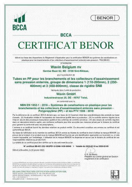 Certificat BENOR PP EN 1852 Tubes en PP pour les branchements et les collecteurs d'assainissement sans pression enterrés, D1,D2 et D3 SN8 Twist - Valable au 09.02.2026