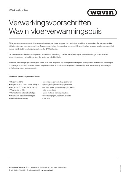 Verwerkingsvoorschriften Wavin vloerverwarmingsbuis