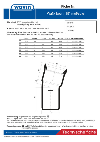 Technische fiche PVC Wafix bocht 15° / Fiche technique PVC coude 15° ms