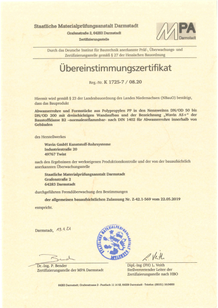 Übereinstimmungszertifikat Abwasserrohre und Formstücke aus PP Wavin AS+