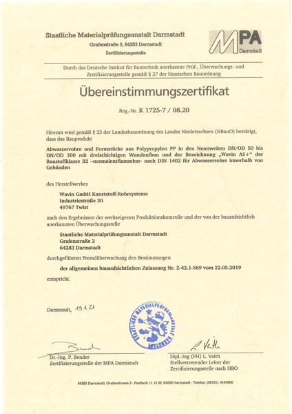 Übereinstimmungszertifikat Abwasserrohre und Formstücke aus PP Wavin AS+