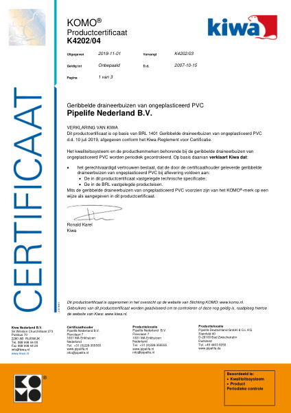 Certificaat KOMO K4202/04 Geribbelde draineerbuizen van ongeplasticeerd PVC