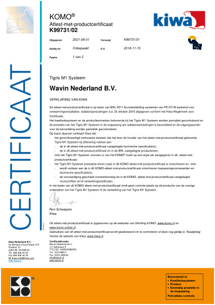 Certificaat KOMO K99731/02 Tigris M1 Systeem Ø75mm