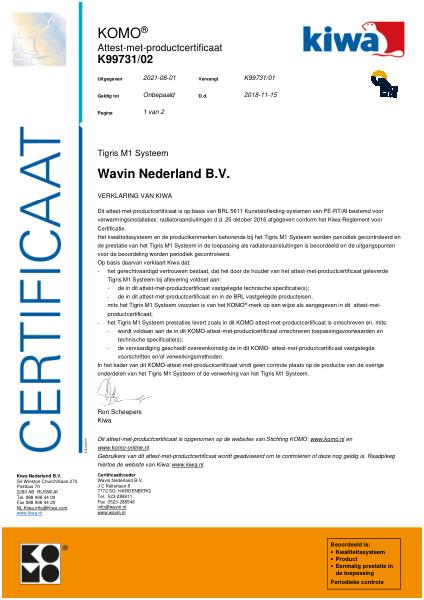 Certificaat KOMO K99731/02 Tigris M1 Systeem Ø75mm