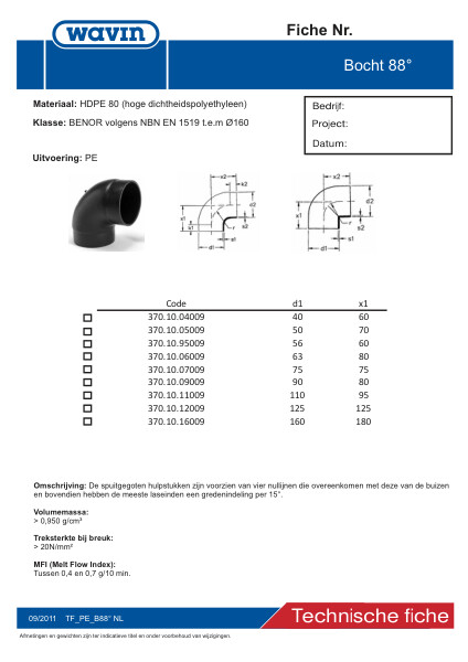 Technische fiche / Fiche technique PE Bocht / Coude 88°