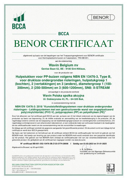 Certificaat BENOR PP EN 13476-3 X-Stream hulpstukken SN8 C1, C2 en C3 geldig tot 31.01.2025