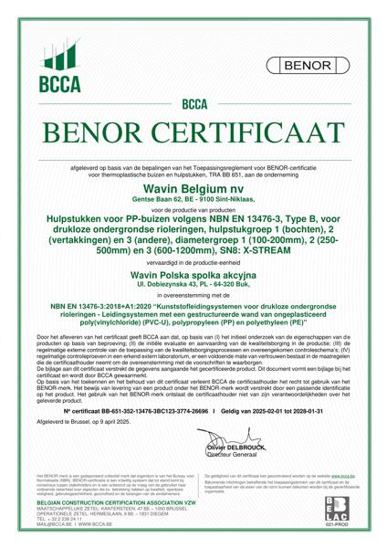 Certificaat BENOR PP EN 13476-3 X-Stream hulpstukken SN8 C1, C2 en C3 geldig tot 31.01.2028