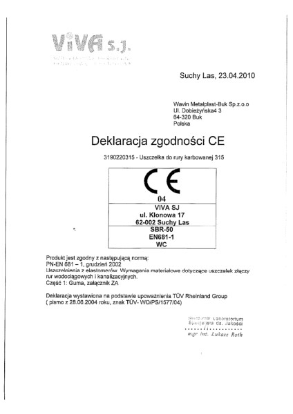 Deklaracja Zgodności CE Uszczelka do rury trzonowej 315