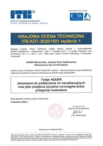 KOT ITB-KOT-2020/1501 wydanie 1_Przejścia szczelne