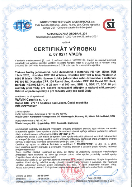 Certifikát PE 100, PE 100RC trubky - voda