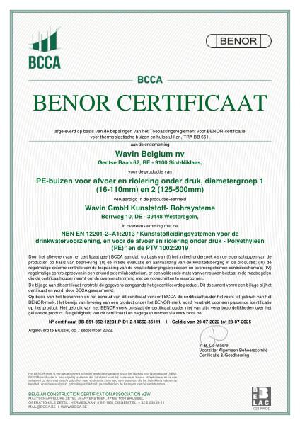 Certificaat BENOR PE EN 12201 PE-buizen voor afvoer en riolering onder druk D1 en D2 Westeregeln - Geldig tot 28.07.2025