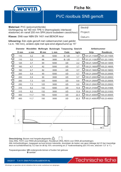 Technische fiche SN8 PVC mofbuis / Fiche technique tuyau manchon BENOR