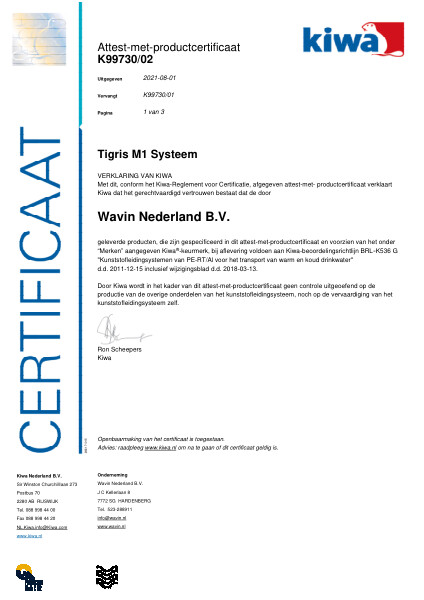 Certificaat Kiwa K99730/02 Tigris M1 Systeem Ø75mm