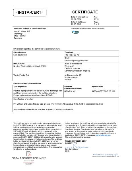 INSTA-CERT no. 2115 - Wafix PP drainage pipe 75-160 mm