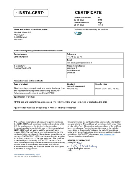 Wafix PP drainage pipe 75-160 mm - Insta-Cert certificate 2115 (Nordic Polymark)