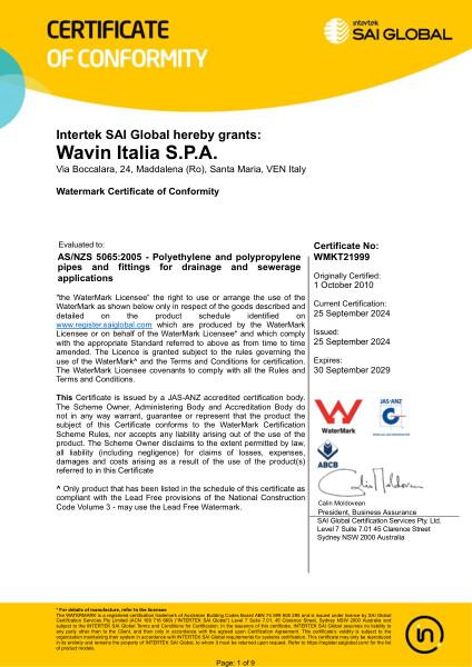 Certificato WaterMark Wavin PE