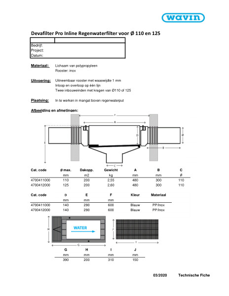 Technische fiche Devafilter Pro Inline Regenwaterfilter voor Ø110 en 125