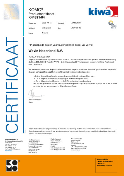 Certificaat KOMO K44391/04 Buizen met gestructureerde wand vervaardigd uit polypropeen bestemd voor buitenriolering onder vrij verval