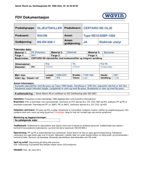 FDV Certaro Oljeutskiller NS10/54BP-1000