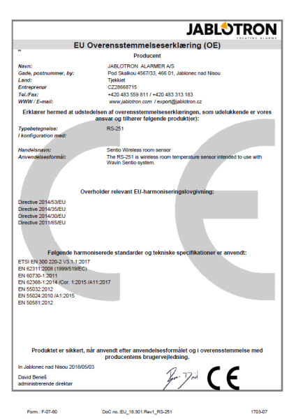 Overensstemmelseserklæring - Sentio wireless room sensor RS-251