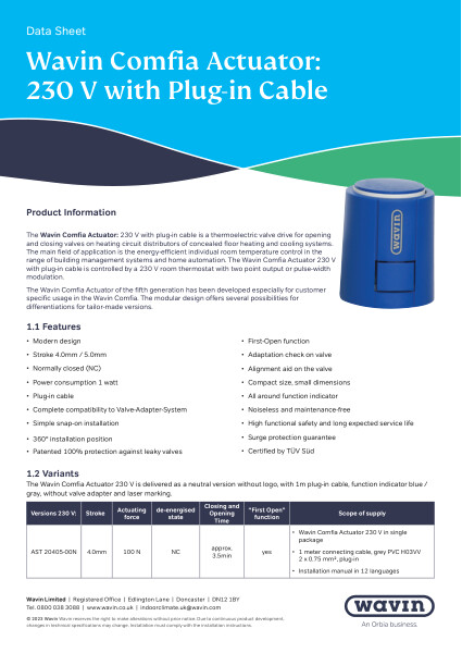 Wavin Comfia Actuator 230V Data Sheet