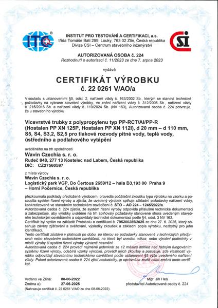 Certifikát: Wavin PP-RCT Stabi plus voda, vytápění