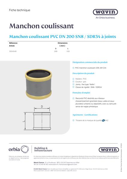 Fiche technique Manchon coulissant - 3024540