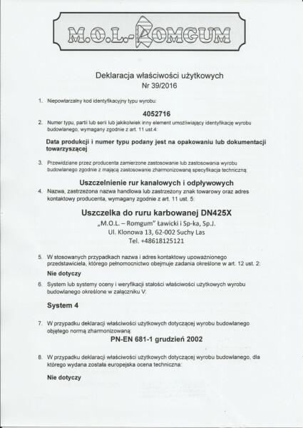 Deklaracja Właściwości Użytkowych nr 4052716 Uszczelka_425X